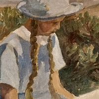 pige med hat der sidde på bakkeskråning og læser gammelt oliemaleri 1919. genbrug.
